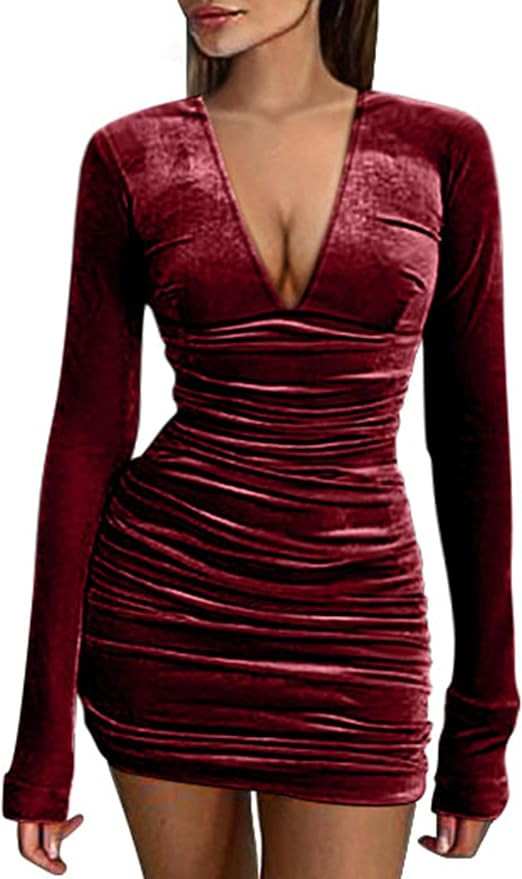 GOKATOSAU Women's Long Sleeve Plunge V Neck Bodycon Ruched Velvet Mini Dress | Amazon (US)