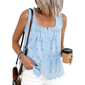 PRETTYGARDEN Womens Tank Tops 2026 Summer Button Down Shirts Embroidered Eyelet Dressy Casual Blo... | Amazon (US)