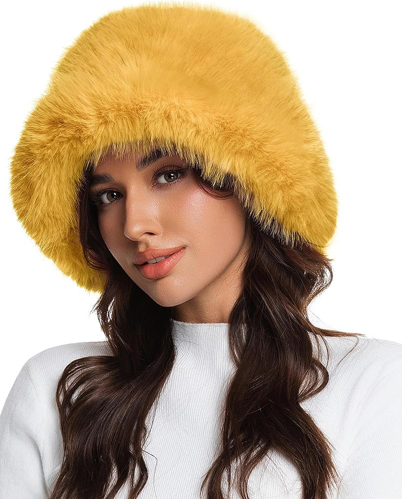 Doyesiee Faux Fur Bucket Hat for Women, Wide Brim Adjustable Fuzzy Fisherman Cap Long Pile Fluffy... | Amazon (US)