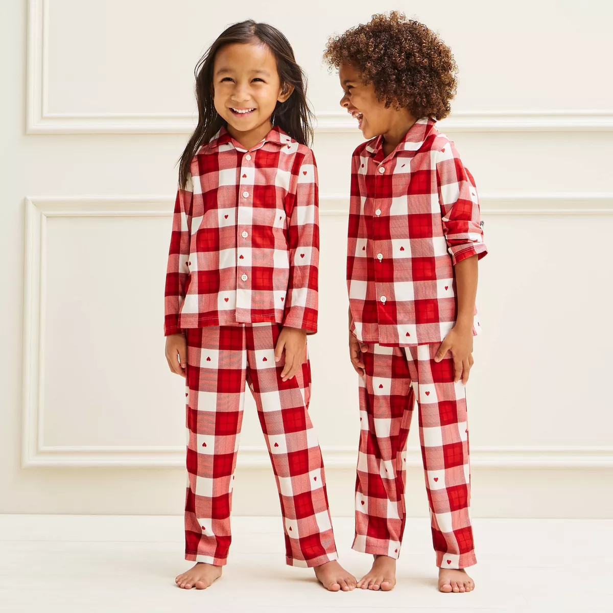 Baby Heart Print Plaid Long Sleeve Button-Down Pajama Set - Cat & Jack\u2122 Red 18M | Target