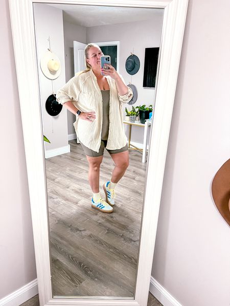 Always a quick and easy spring outfit to style an activewear romper with a gauzy button up shirt. Add some comfortable sneakers and you are ready to go. I styled with these colorful sneakers - these a platform sneaker. I had to exchange them for a 1/2 size smaller so size down in these. I’m normally a 9 but needed an 8.5 in these. 

I’m normally 18/20 and wearing XXL in romper and cover up. 

Plus size active wear 
Plus size athleisure 
Plus size casual outfit
Plus size ootd 
Size 18
Size 20 
Colorful sneakers
Adidas gazelle 
Gazelle bold platform 


#LTKPlusSize #LTKOver40 #LTKShoeCrush