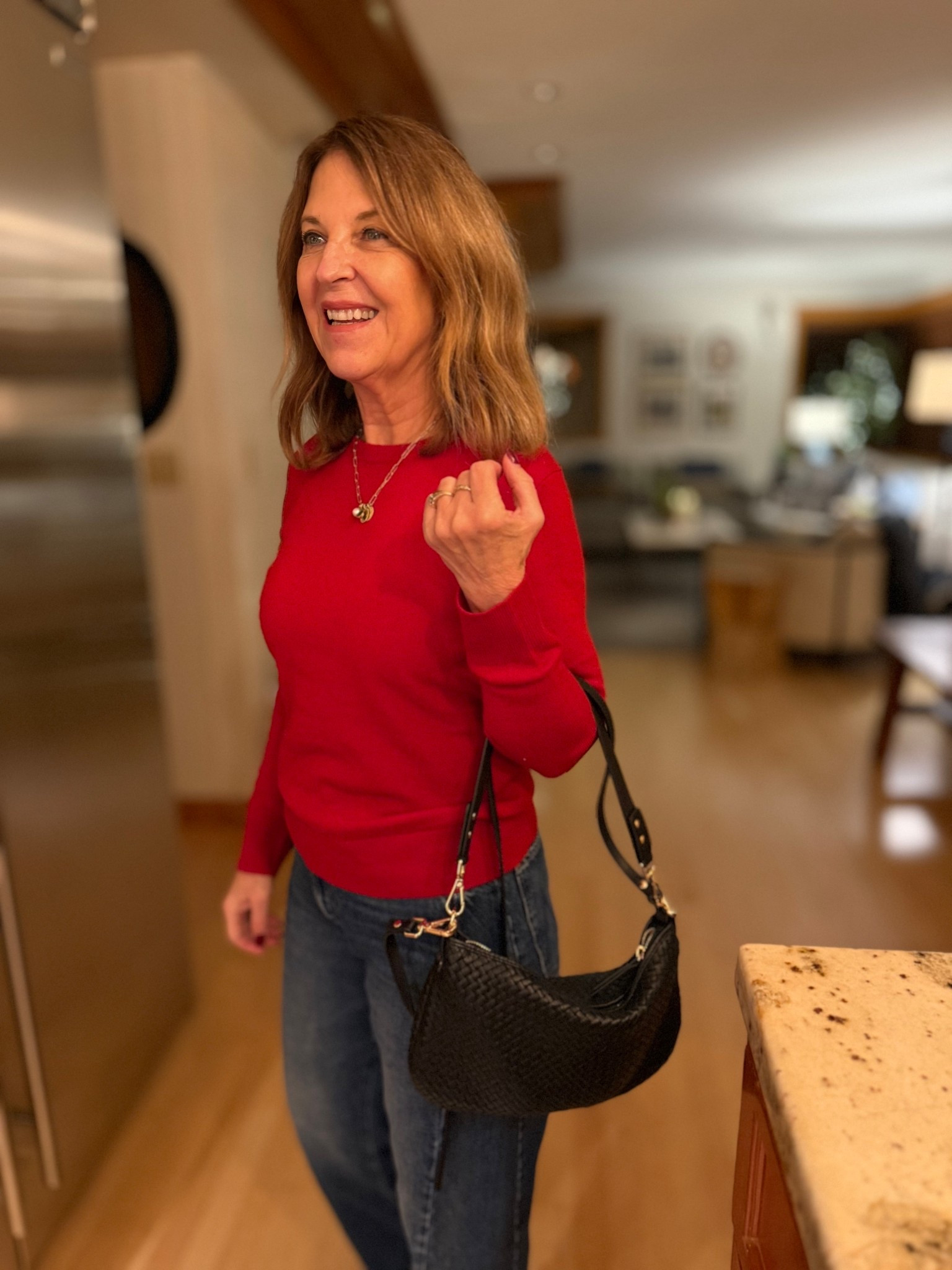 Holiday & gift idea! 
Cashmere top and woven crossbody/shoulder/clutch handbag from Quince. 

Fits tts, and I'm wearing a size XS. 
Also wearing mother Jeans, that fit tts. 

#LTKHoliday #LTKGiftGuide #LTKOver40