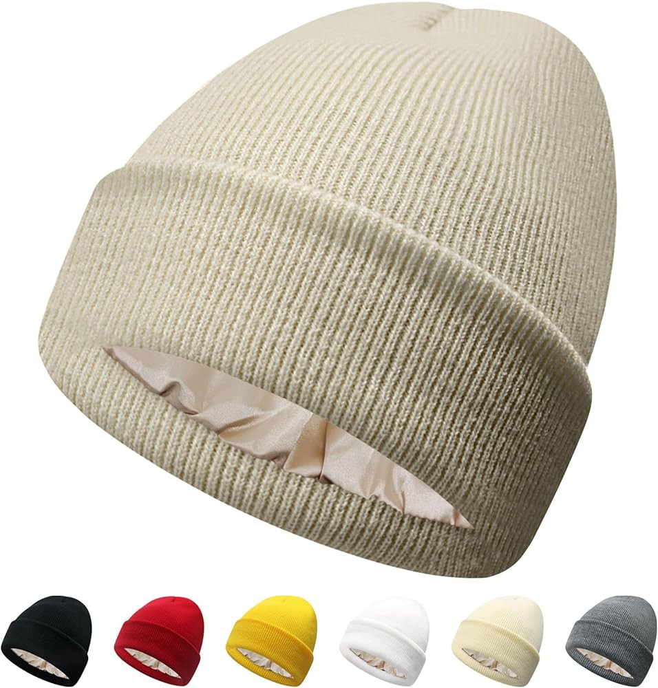 PFFY Satin Lined Beanie for Women Silk Lining Soft Winter Hats Reduce Frizz Knit Beanies Warm Sku... | Amazon (US)