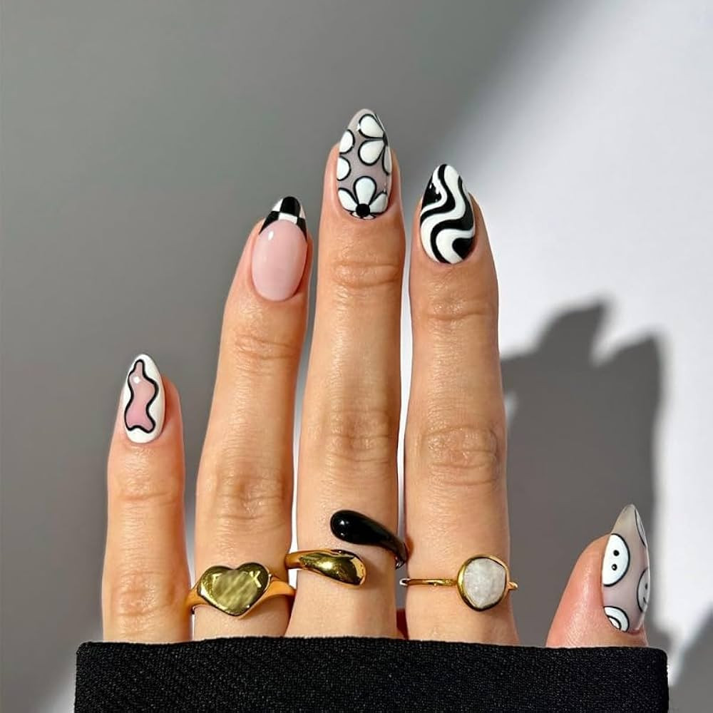 MERVF Almond Press on Nails Medium Fake Nails Checkered French Tip Glue on Nails Black White Swir... | Amazon (US)