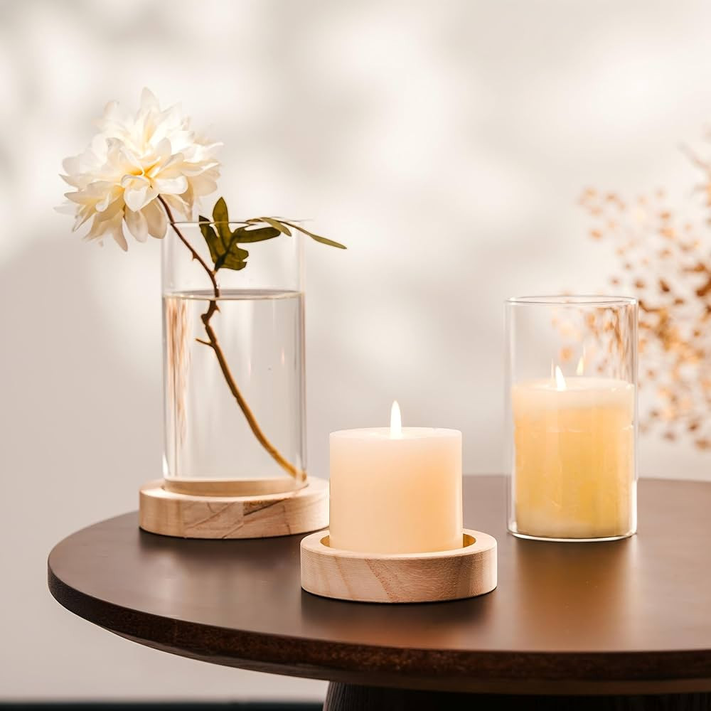 NUPTIO Hurricane Glass Candle Holders: Set of 2 Clear Cylinder Vases with Wooden Plate Base for P... | Amazon (US)