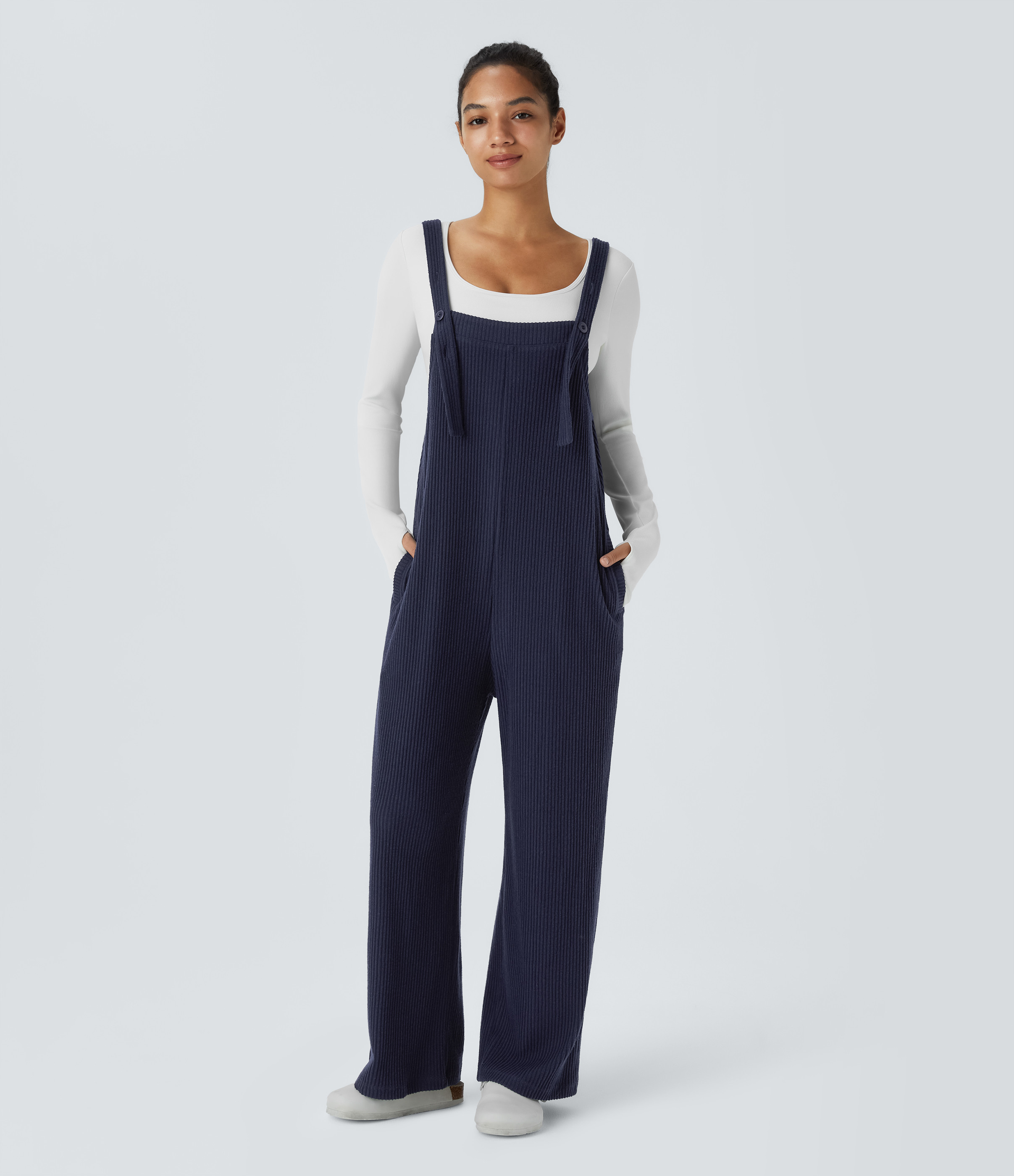 Halara Ribbed Knit Pocket Casual Overalls - Maritime Blue - M(regular) | HALARA