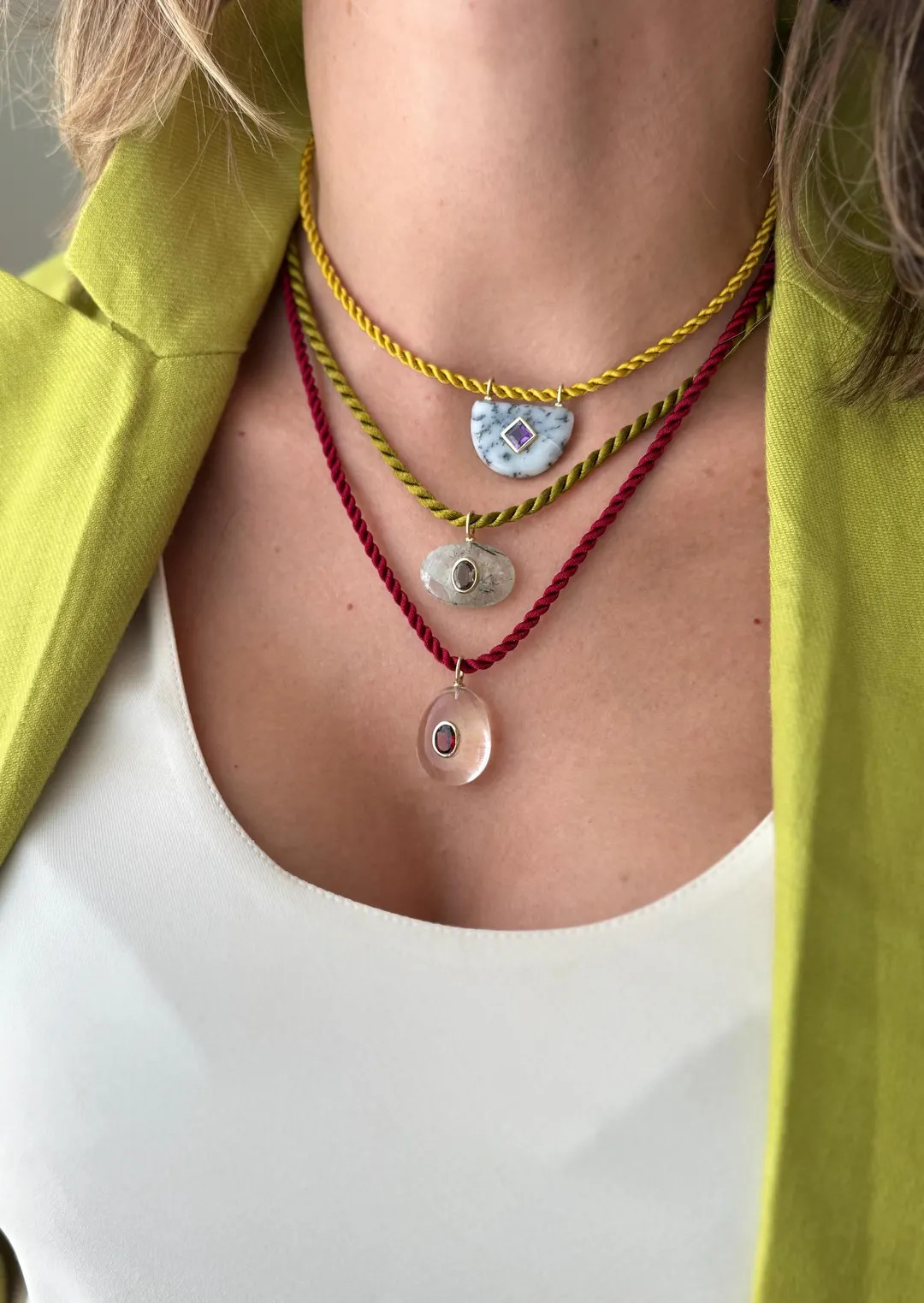 Gemstone unique short and chocker Pendant Necklace with Colorful Cord - Oval shape | Etsy (US)