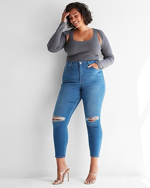 Curvy High Waisted Ripped Supersoft Skinny Jeans | Express