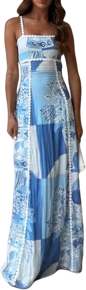 Women Vintage Floral Print Long Dress Sleeveless Tie Back High Waist Aline Maxi Dress Spaghetti S... | Amazon (US)