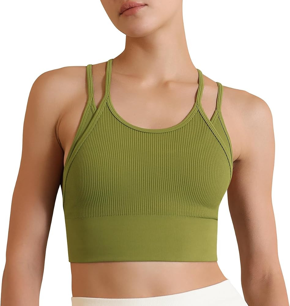 PINKSAVIOR Women Workout Crop Tops Sleeveless Athetic Longline Sports Bra Padded Basic Ribbed Run... | Amazon (US)