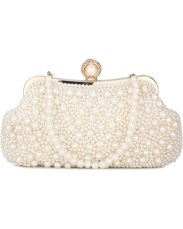 UBORSE Women Pearl Clutch Bag Noble Crystal Beaded Evening Bag Wedding Clutch with Pearl Chain | Amazon (US)