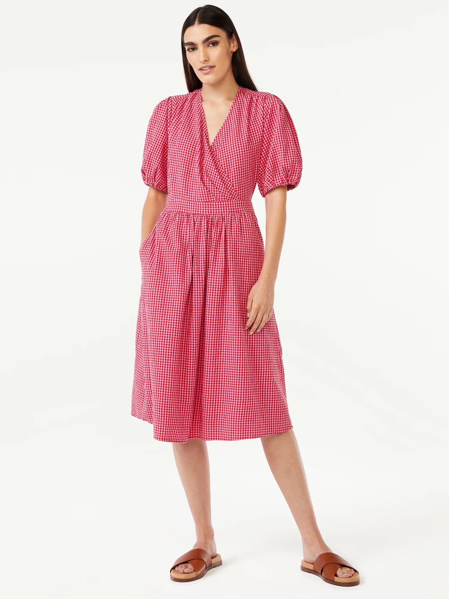 Free Assembly Women's V-Neck Faux Wrap Midi Dress - Walmart.com | Walmart (US)