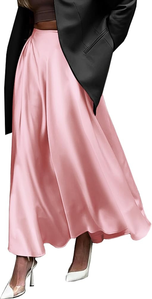 Womens Satin High Waist Elastic Midi Skirt Satin Maxi Skirt Silk Elegant Long Trendy A-Line Midi ... | Amazon (US)