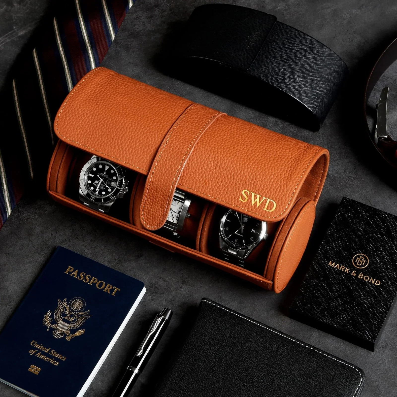Durham Custom Leather Watch Roll for Travel, Camel | HomeWetBar.com