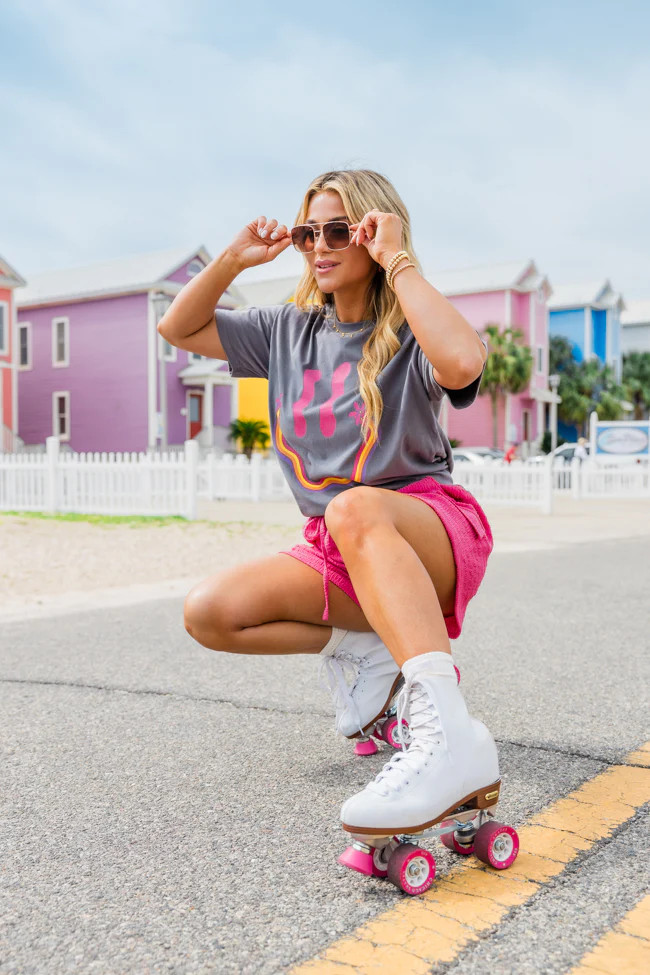 Retro Smiley Grey Oversized Graphic Tee | Pink Lily