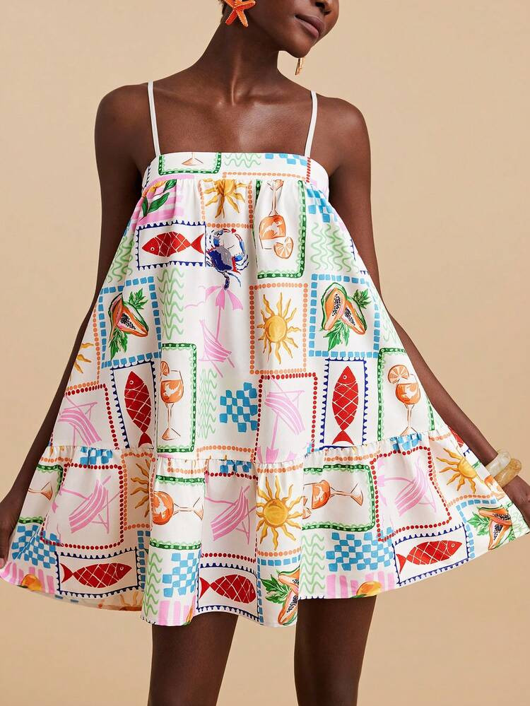 Travachic Women's Casual Vacation Sundress With Cartoon Cup Print, Summer Dress,Summer Outfits,Summer Dresses For Women,Beach Outfits For Women,Beach Vacation Outfits For Women,Vacation Outfits Women, Casual Dresses For Women | SHEIN