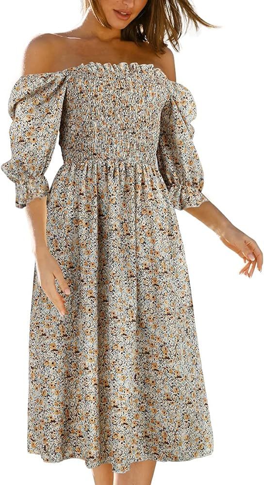 Women's Off The Shoulder Ruffled Half Sleeve Backless Bohemian Beach Floral Smocked Maxi Dress | Amazon (US)