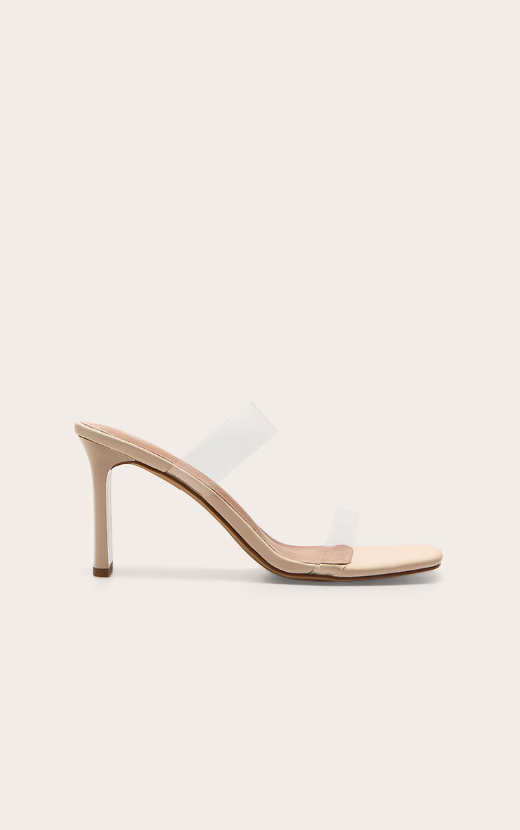 Nude Pu Square Toe Perspex Straps High Thin Block Heeled Mules | PrettyLittleThing US