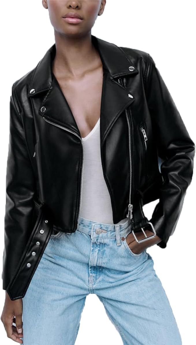 Women's PU Leather Biker Short Jacket Womens Cropped Faux Leather Coat Belted Zip up Moto Coat | Amazon (US)
