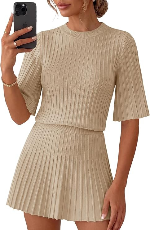 Saodimallsu Womens Sweater Sets 2 Piece Outfits Summer Half Sleeve Ribbed Knit Top and Pleated Sk... | Amazon (US)