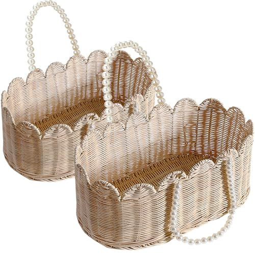 Set of 2 Scalloped Basket, Wicker Storage Baskets, Hand Woven Baskets for Shelves,Natural Baskets for Organizing (Rattan(Ellipse-16"L x 10"W x 7"H)) | Amazon (US)
