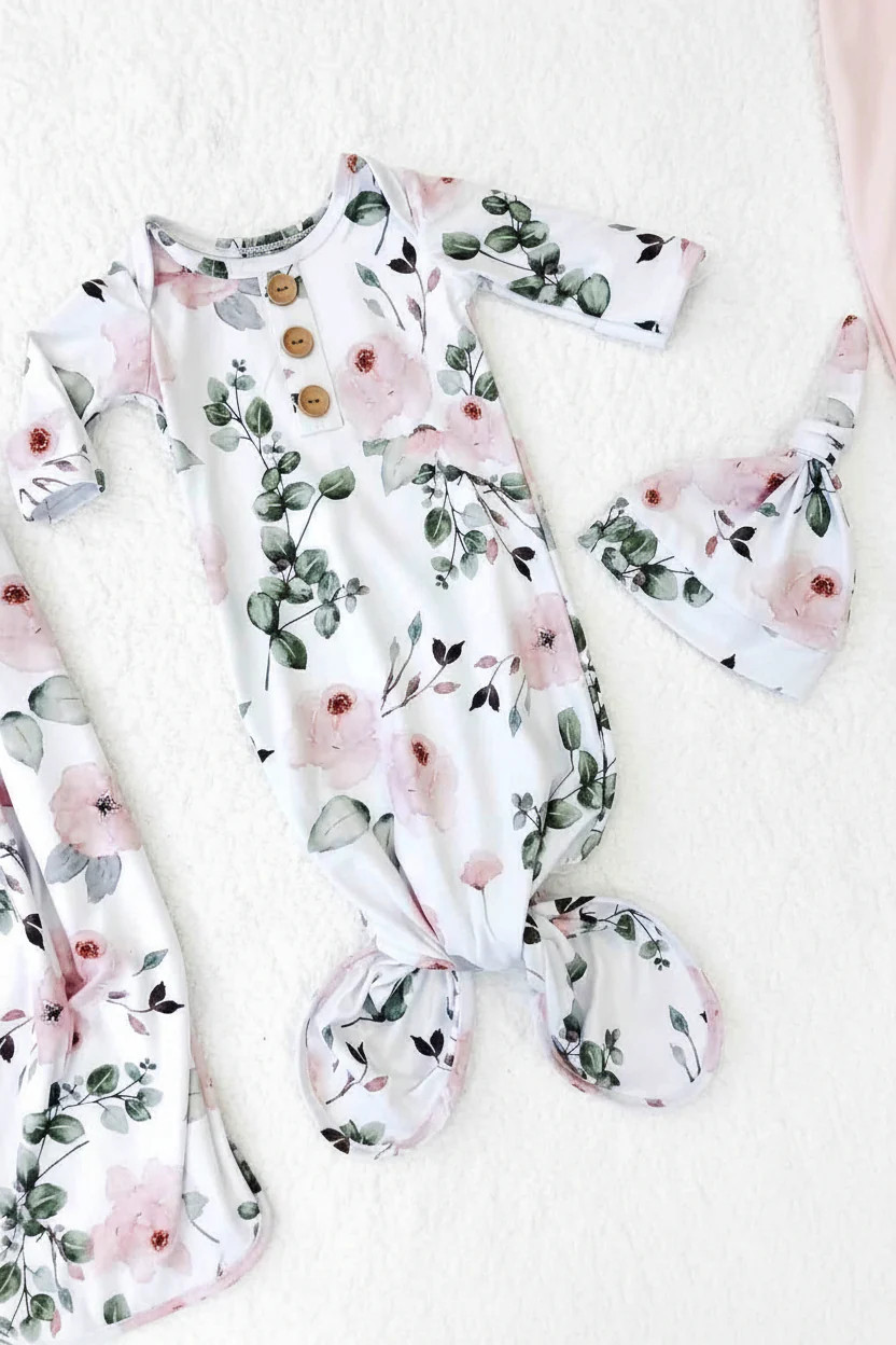Millie's Dusty Rose Garden Newborn Baby Knot Gown & Hat Set | Caden Lane
