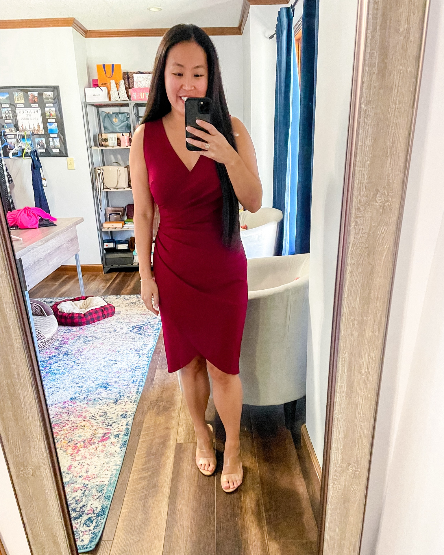 This dress is perfect for a wedding or work event. Sleeveless with a v-neck and stomach ruching. Fits TTS for a body hugging fit, several colors available, sizes small-XL. 

#LTKwedding #LTKSeasonal #LTKparties