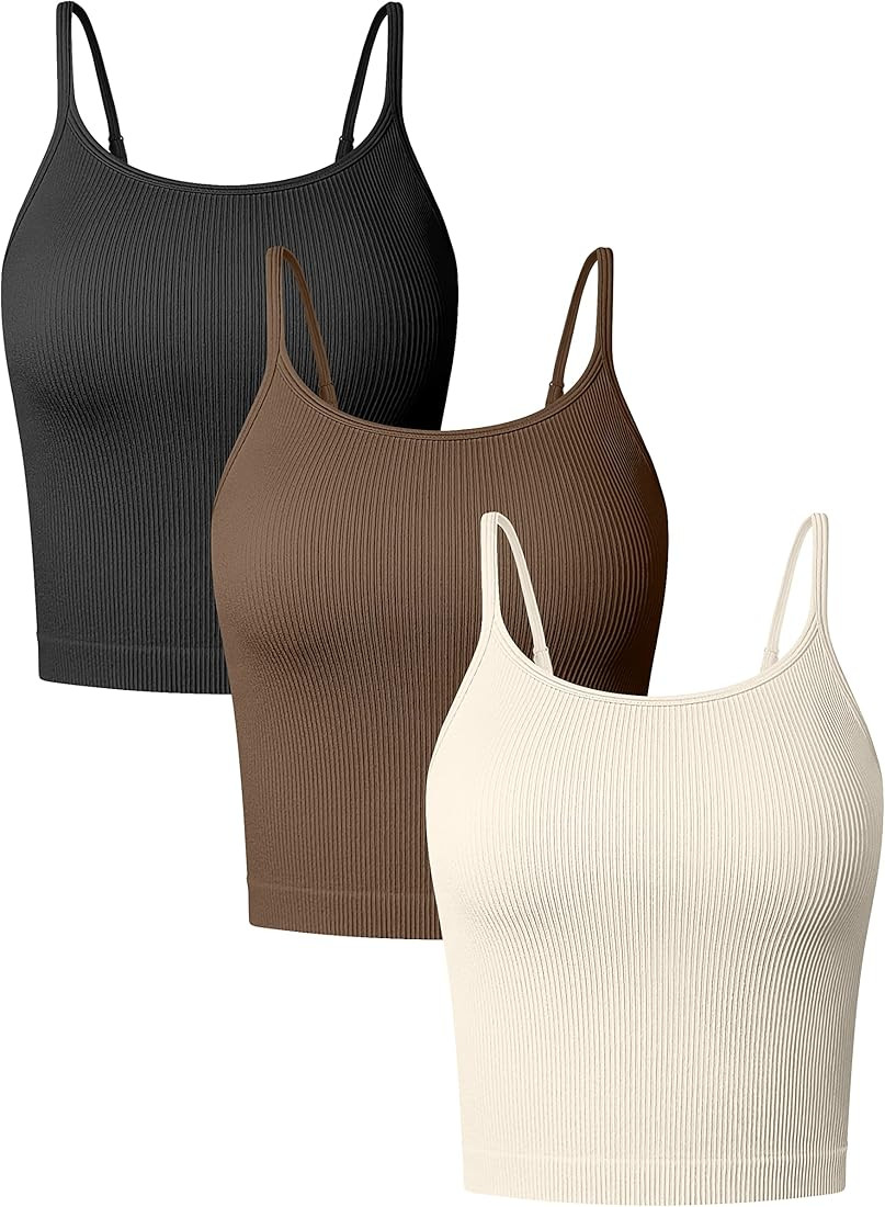 OQQ Women's 3 Piece Tank Tops Ribbed Adjustable Spaghetti Strips Workout Shirts Yoga Crop Tops | Amazon (US)