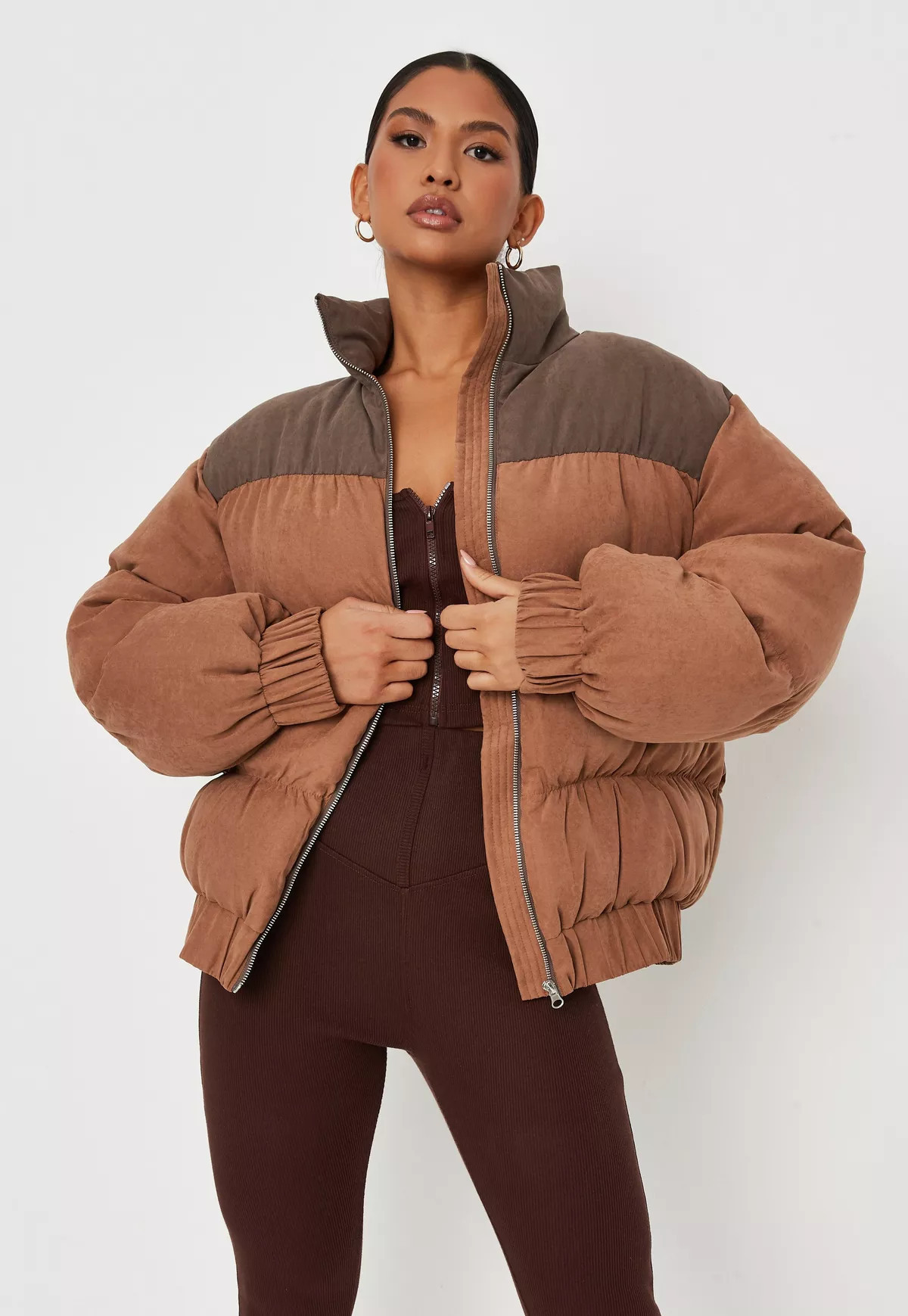 Missguided - Carli Bybel x Missguided Chocolate Colorblock Oversized Peached Puffer Coat | Missguided (US & CA)