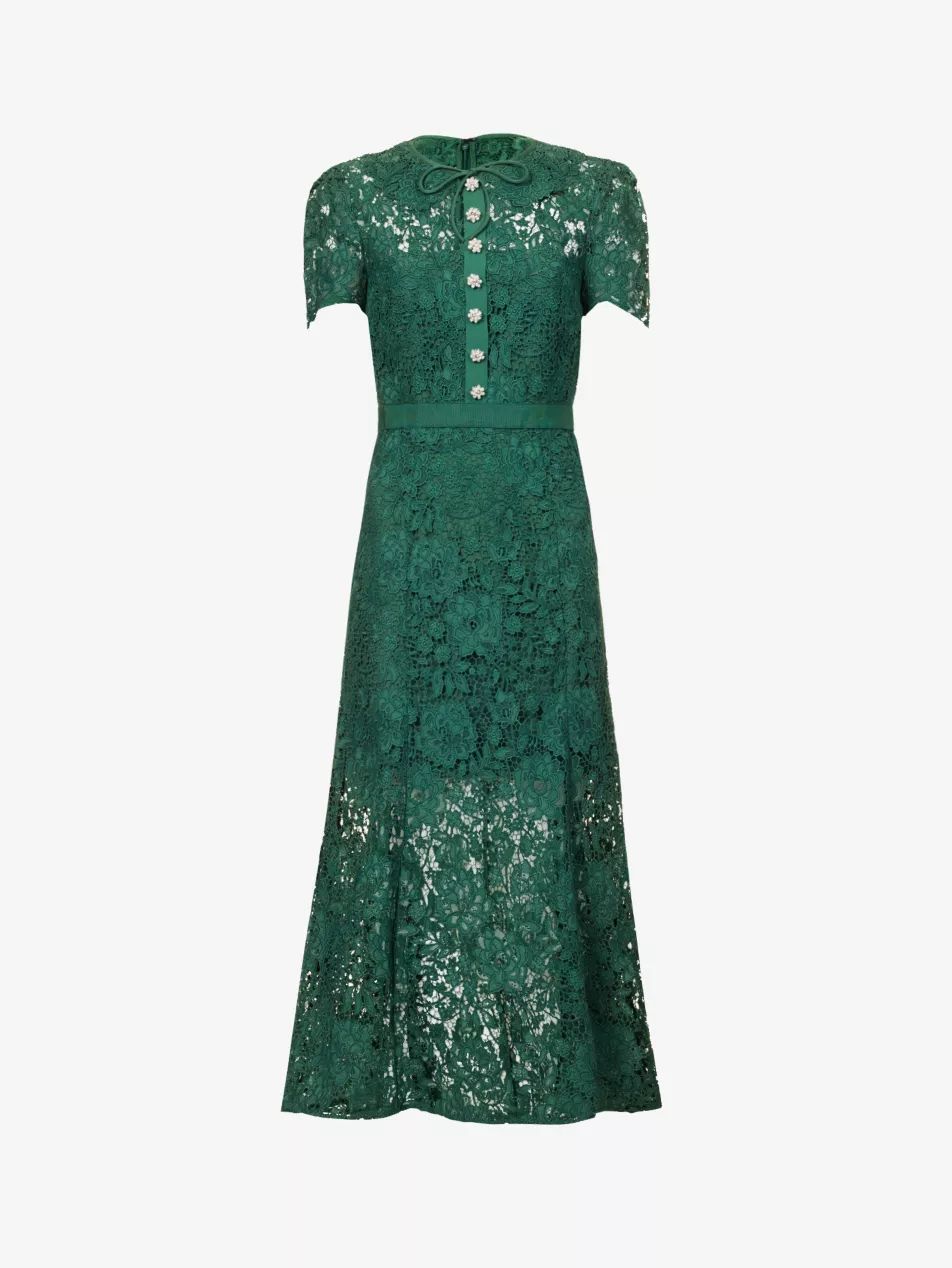 Floral-embroidered neck-tie lace midi dress | Selfridges