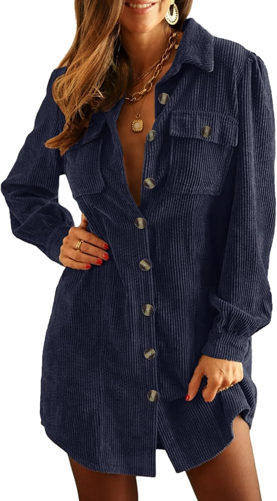 Alaster Queen Women's Corduroy Long Sleeve Short Dresses Fall Winter Button Down Work Tunic Dress... | Amazon (US)