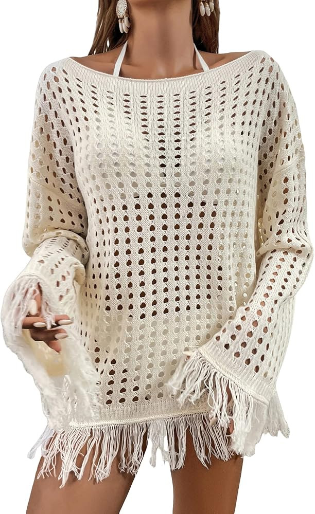 Women's Crochet Swimsuit Cover Up Long Sleeve Knitted Fringe Swim Beach Cover Up Swimwear | Amazon (US)