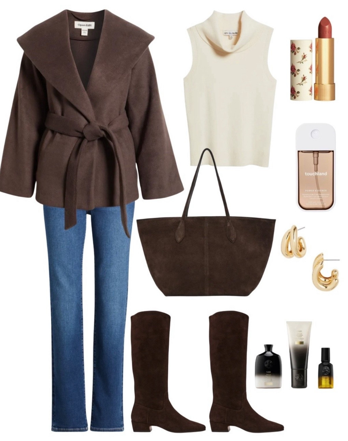 Wrap jacket
Frame jeans 
Jeans 
Suede boots 
Suede tote bag
Lipstick 

#LTKootd #LTKFindsUnder100 #LTKSeasonal