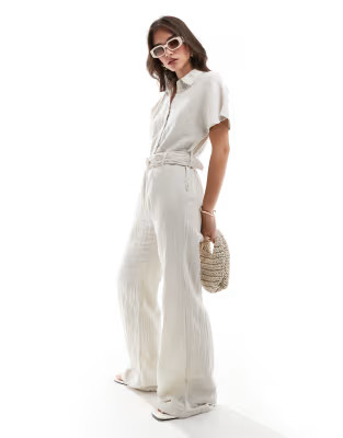 Mango belted short sleeve jumpsuit in light beige | ASOS (Global)