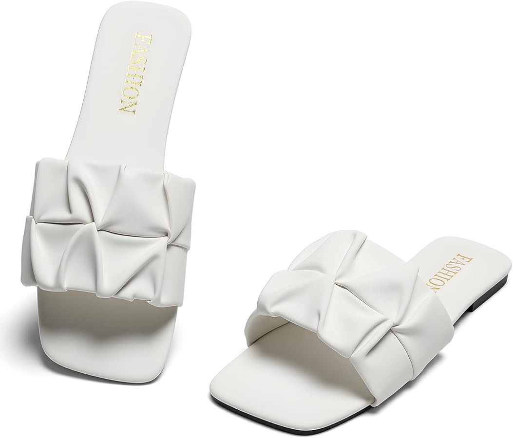 Women's Pleated Square Toe Slide Sandals, Trendy Wedding & Summer Flat Sandals | Amazon (US)