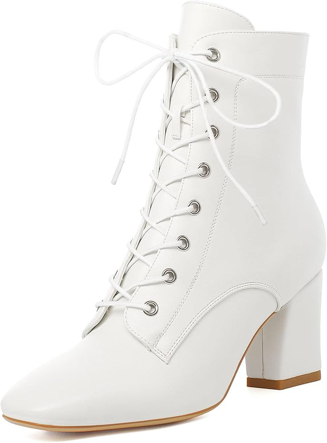 SEIFIN Women's Square Toe Chunky Heels Ankle Boots Block High Heeled Lace Up Short Booties Shoes | Amazon (US)
