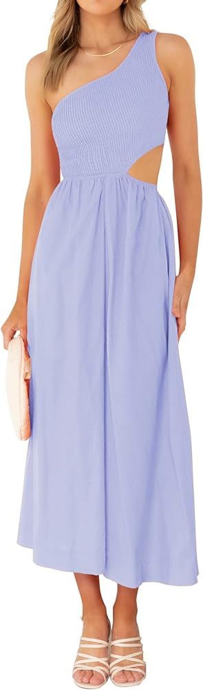 KIRUNDO Women 2023 Summer Sleeveless One Shoulder Smocked Cutout Maxi Dress A Line Flowy Casual B... | Amazon (US)