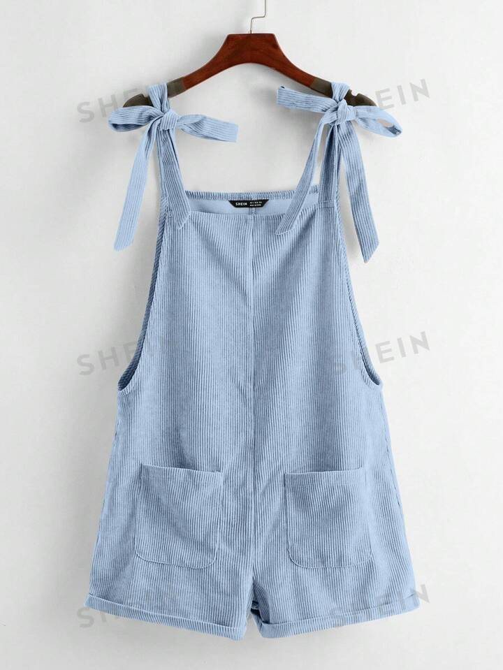 SHEIN EZwear Knot Shoulder Patch Pocket Roll Hem Pinafore Romper | SHEIN USA | SHEIN