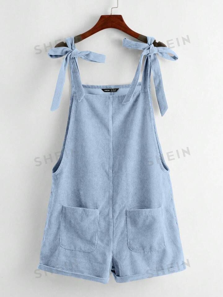 SHEIN EZwear Knot Shoulder Patch Pocket Roll Hem Pinafore Romper | SHEIN