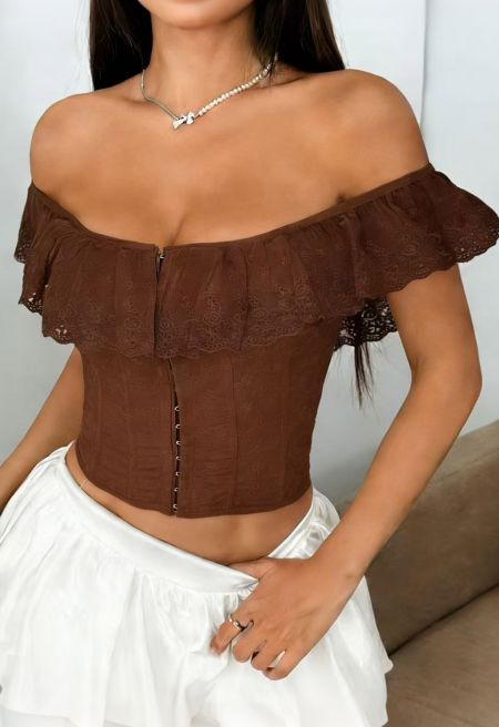 Front Hook Embroidered Ruffle Lace-Up Bustier in Brown for Garden Brunch & Picnic Dates | Chicwish