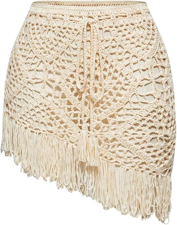 WDIRARA Women's Crochet Fringe Beach Skirt Hollow Out Sheer Cover Up Skirts Boho Coverups | Amazon (US)