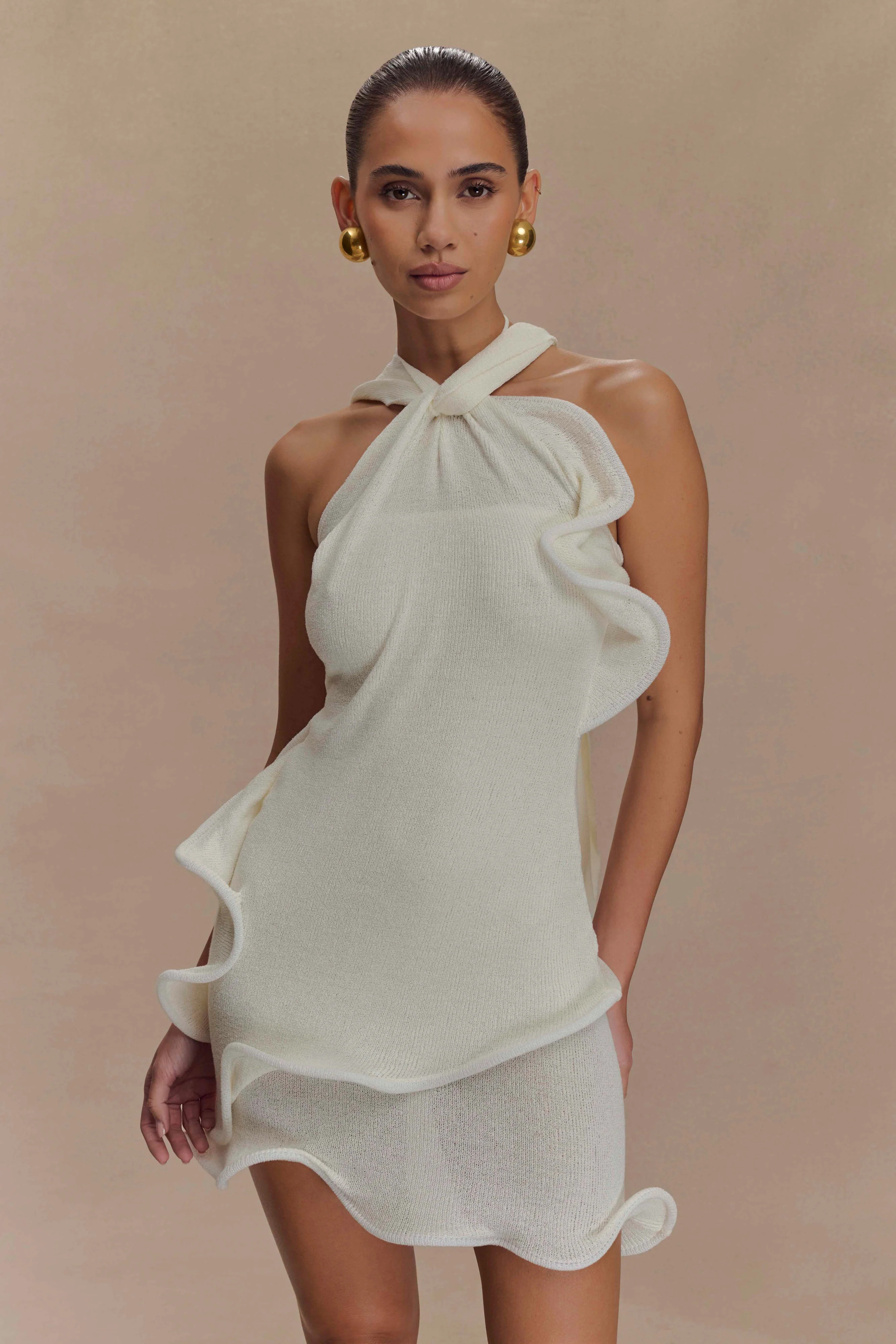 Caprice Halter Knit Mini Dress - White | MESHKI US