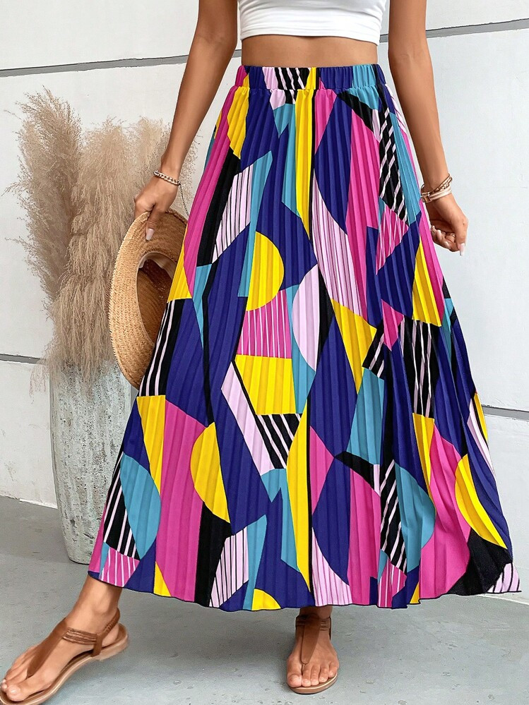 Breezaya Geo Print Pleated Skirt Maxi Vacation Beach Outfits Women | SHEIN