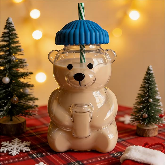2026 New Blue Bear Straw Cup, 20oz Cute Bear Glass Tumbler with Reusable Straw - Viral Animal Des... | Amazon (US)