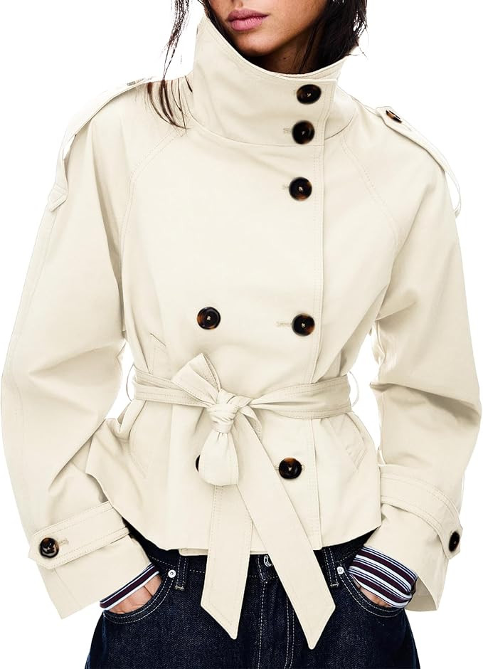 Women's Cropped Trench Coat Double Breasted Short Jacket High Collar Fall Winter Coats Trendy Out... | Amazon (US)