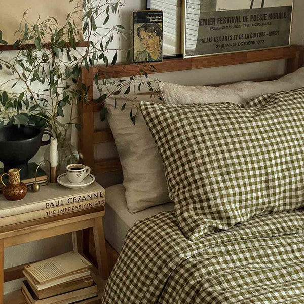 Botanical Green Gingham Linen Duvet Cover | Piglet