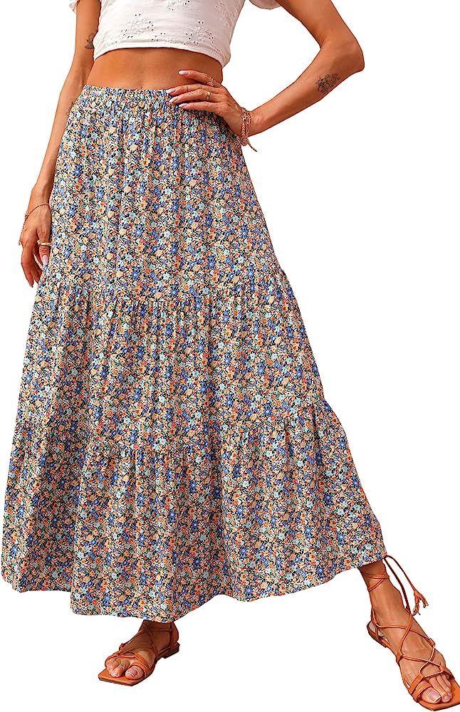 KIRUNDO Summer Women's High Waist Floral Print Pleated Maxi Skirt Casual Flowy Swing A Line Chiffon  | Amazon (US)