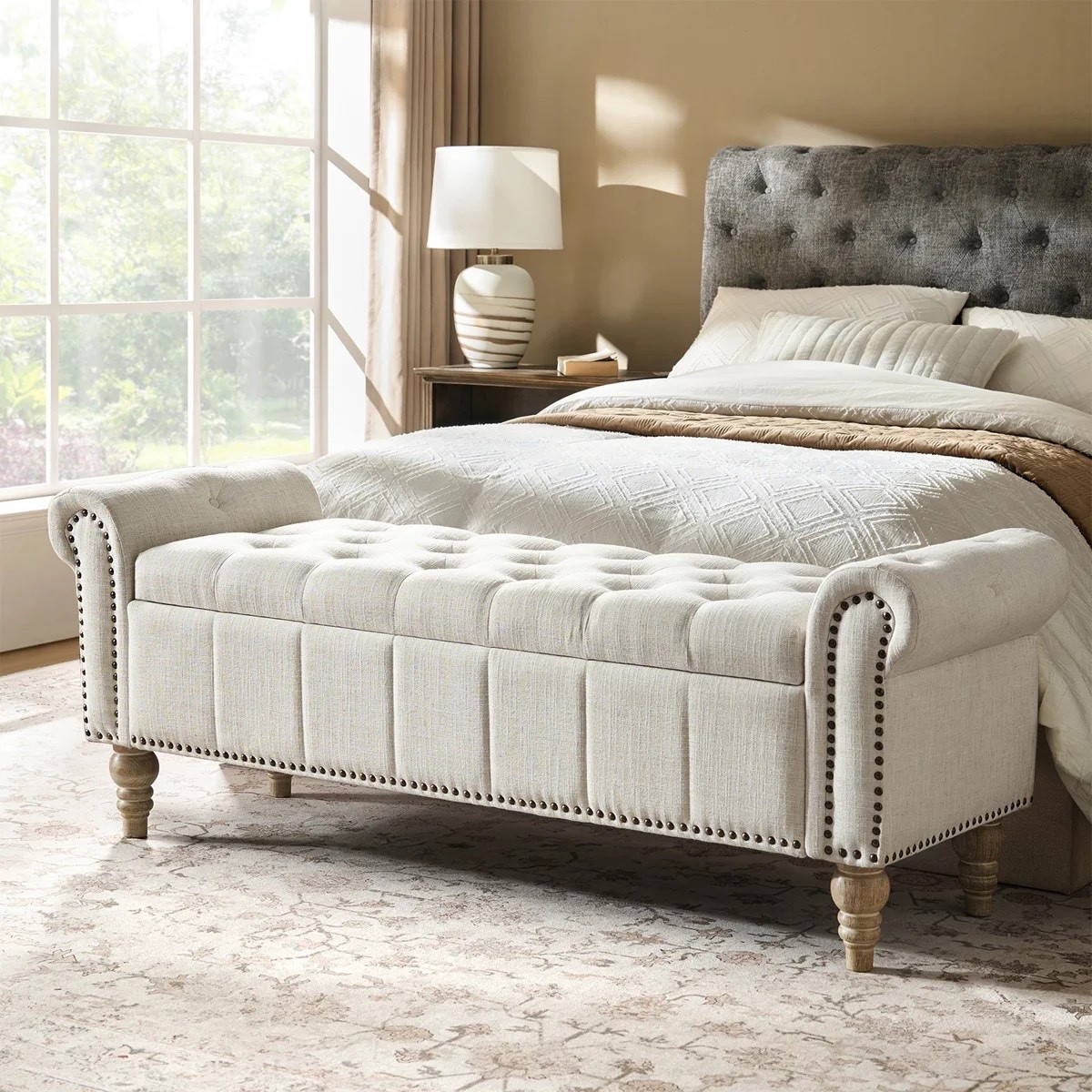 A timeless accent with elegant traditional character. 🤎 The Georgia 58.5’’ Traditional Classic Storage Bench combines a refined silhouette, solid wood legs, and decorative nailhead trim for a polished finishing touch. Its hidden storage makes it as practical as it is beautiful, offering a stylish way to keep blankets, pillows, shoes, and everyday essentials neatly tucked away. ON SALE and under $300.

Ideas

* Place at the foot of the bed for an elegant bedroom finishing touch
* Style in an entryway with a decorative mirror and a pair of table lamps
* Add to a living room as extra seating with concealed storage
* Pair with traditional furniture, warm wood finishes, and classic accents
* Use in a dressing room to store accessories, linens, or seasonal essentials
* Complement with neutral cushions and a soft throw for a welcoming look

Keywords

* Georgia storage bench
* traditional storage bench
* classic storage bench
* 58.5 inch storage bench
* upholstered storage bench
* storage bench with wood legs
* solid wood legs bench
* nailhead trim bench
* bedroom storage bench
* entryway storage bench
* bench with hidden storage
* foot of bed bench
* living room bench
* traditional home décor
* classic furniture
* elegant home furnishings
* timeless interiors
* sophisticated home décor
* entryway furniture
* bedroom furniture
* decorative storage
* functional home décor
* traditional interior design
* refined home style