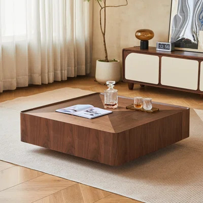 Modern Square Coffee Table With 2 Drawers Mid-Century Walnut Wood Table With Floating Legs For Living Room Home Office | Wayfair North America