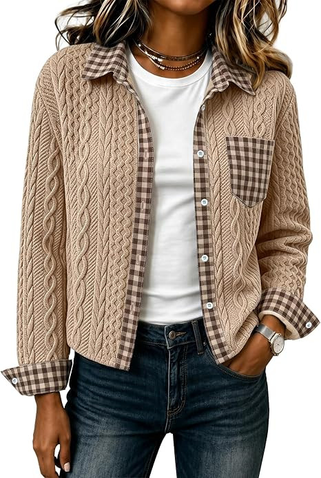 Cropped Jean Denim Collared Bomber Jacket Sweatshirt Cable Knit Shacket | Amazon (US)